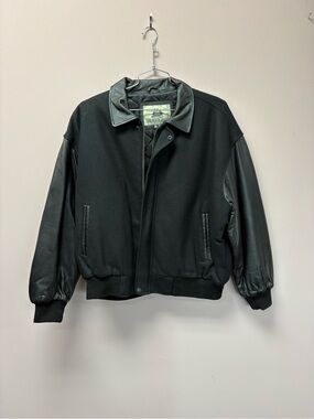 Burks Bay Mens Black Leather Sleeve Bomber Varsity Jacket XL NWT Retro Street
